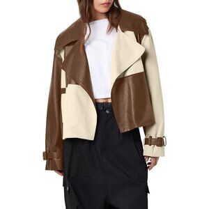Womens Faux Leather Bomber Jacket with Bow Brown Stylish Fall Outerwear Coat